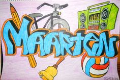 a drawing of the word marathon written in colored pencils and crayon markers