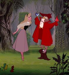 two cartoon characters in the woods with one holding a bird and another looking at something