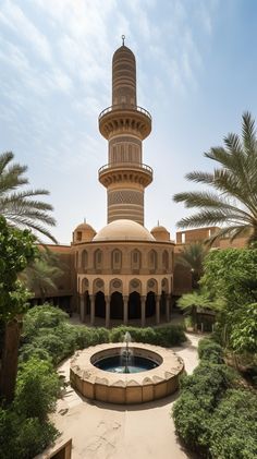 a large building with a fountain in front of it and palm trees around the perimeter