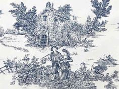 a blue and white drawing of two people in front of a house with trees on it