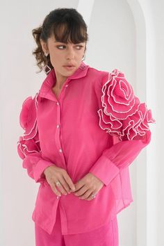 Fuchsia Organza Pearl Embellished Designer Shirts for Women Diwali Fits, Fashion Sketchbook Inspiration, Pearl Embellishment, Embellished Shirt, Cord Set, Fashion Sketchbook, Simple Pakistani Dresses, Womenswear Fashion, Fancy Dress Design