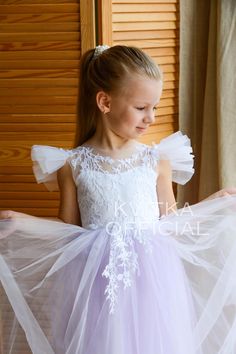 CHRISTMAS SALE️UP -20% OFF PERFECT FLOWER GIRL DRESS✨ Beautiful Baby Flower girl dress with  lace embroidery and amazing puffy skirt! This dress have purple tulle & white lace. Process time: 2-3 working days Delivery time: 4-10 working days  Also offer express overnight delivery https://www.etsy.com/listing/1298332912/express-delivery?click_key=eb8207bd8376c2fa762384c4d5701f79c6bcbc77%3A1298332912&click_sum=63123b47&ga_search_query=express&ref=shop_items_search_1&frs=1 *Train is detachable & all Baby Flower Girl Dress, Lilac Flower Girl Dresses, Purple Flower Girls, Ivory Girls Dress, Purple Flower Girl Dress, Purple Tulle, First Birthday Dresses, Puffy Skirt