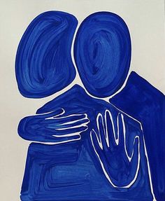 a painting with blue and white colors on the bottom, two hands touching each other