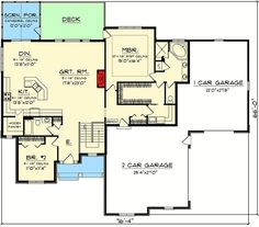 the first floor plan for a house with two garages and an upstairs living area