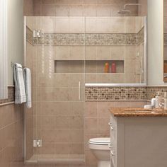 a bathroom with a shower, toilet and sink in it's center area is shown