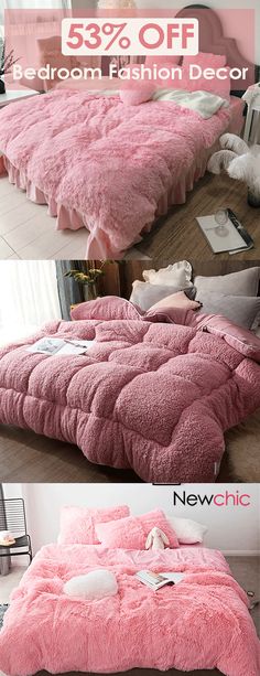 the bed is made up with pink fluffy blankets and pillows, while another photo has been taken