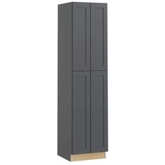 a tall gray cabinet with two doors