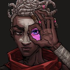 a drawing of a woman with purple eyes and braids on her head, holding her hands to her face