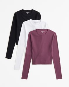 Women's 3-Pack Long-Sleeve Cropped Rib Crew Tops | Women's Tops | Abercrombie.com White Long Sleeve Tee, Layered Long Sleeve, Rib Fabric, Casual Tops For Women, Fleece Sweater, One Shoulder Tops, Suits Coats, Purple Fashion, Business Casual Outfits