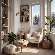 a living room filled with furniture and bookshelves next to a window covered in snow