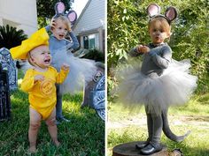 two pictures of babies dressed up as mice and mouse ears, one is wearing a tutu