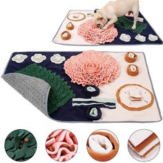 two rugs with different types of doughnuts on them and a dog standing next to one