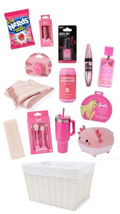 the contents of a barbie doll's travel bag are shown in pink and white