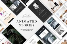 the animated stories website is displayed on a white background with black and brown images in it