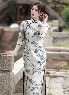 Black and White Cheongsam | Qipao Dress White Long Cheongsam For Spring, White Cheongsam, Black Bamboo, Bamboo Leaves, Qipao Dress, Cheongsam Dress, Feminine Silhouette, Chinese Dress, 영감을 주는 캐릭터