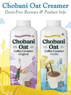 two bottles of chobani oat and coffee creamer on a yellow background