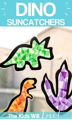 the kids will love dino suncatchers made with construction paper and cut out dinosaurs