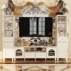 an entertainment center in the middle of a room with marbled walls and flooring