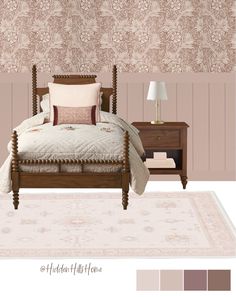 a bedroom with a bed, night stand and nightstands in it's color scheme