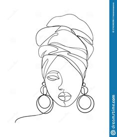 a line drawing of a woman's face with ear rings and a turban on her head