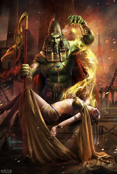 an egyptian god sitting on the ground surrounded by fire and flames, holding a staff