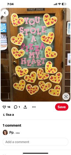 an instagramted photo of pizza hearts on the front door of a building with text that reads you stole a happy heart