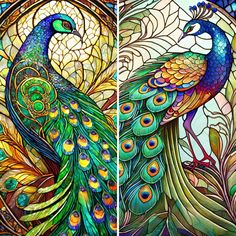 two stained glass panels with peacocks in them