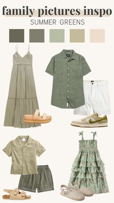 an assortment of clothes and shoes for children to wear in the summer months, including green