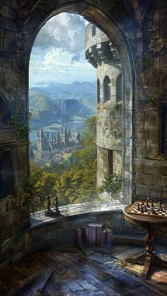 an artist's rendering of a castle window with a chess board in the foreground