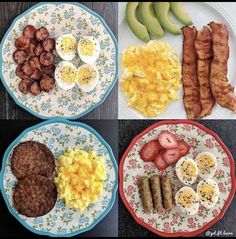 four plates with breakfast foods on them including eggs, sausages, and strawberries