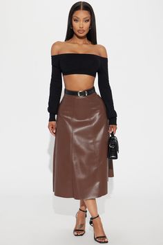 Don't Forget Faux Leather Midi Skirt - Brown Red Leather Mini Skirt, Brown Midi Skirt, Faux Leather Midi Skirt, Latest Skirts, Leather Midi Skirt, Skirt Trends, Leather Mini Skirts, Winter 2024, Bottom Clothes