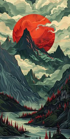 a painting of mountains and trees with a red sun in the sky above them on a cloudy day