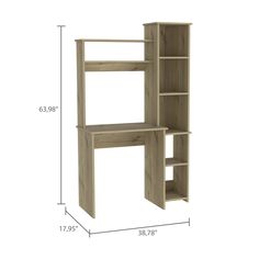 a wooden desk and shelf with measurements