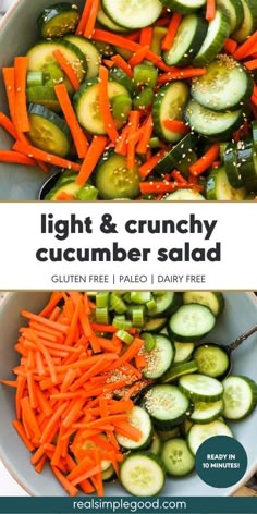 a bowl filled with carrots and cucumbers next to a white bowl full of sliced