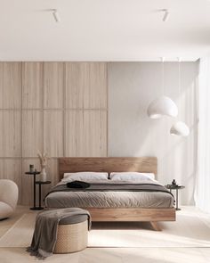 a modern bedroom with white walls and wood furniture, including a bed that has been made