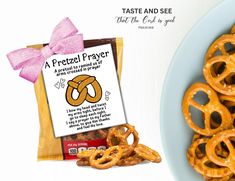 pretzel prayer card next to plate of pretzels and bag of pretzels