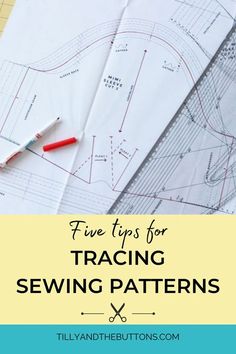 sewing patterns and scissors on top of paper with the title five tips for tracking sewing patterns