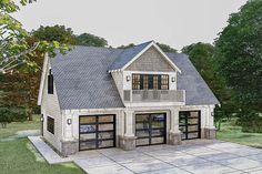 this is an artist's rendering of the garage and living area for these two - story house plans