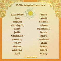 an orange and white poster with words written in different languages, including the names of flowers