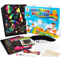 PRICES MAY VARY. Super Value Scratch Art Paper Combo: Includes 3 spiral scratch note books (Large: 10*7.4inch/Medium: 7.8*5.5inch/Small: 5.5*4inch), 50 sheets of rainbow scratch paper (5*7.2inch), 24 DIY bookmarks, 48 ribbons, 10 different sized wooden sticks for different widths of writing, 4 themed drawing stencils and 1 soft brush for cleaning. All content of scratch art sets are packaged in a carrying case. Perfect for travel and organizing! Safe & High Quality: All of the scratch art papers Bookmarks For Kids, Airplane Activities, Stocking Stuffers For Teens, Drawing Stencils, Scratch Paper, Note Books, Scratch Art, Art & Craft Kit, Bookmarks Kids