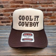 COOL IT COWBOY embroidered on your favorite color Otto Foam High-Profile Trucker Hat. How to Order: 1. Choose the color hat  2. Pick the color of thread   Message us if you have any questions. Hat Description:  The Traditional Look 5-panel cap Seamless Foam Front Panel with Lining Matching Color Braid Visor Matching Fabric Undervisor, Adjustable Snapback SHAPE: High-Profile FABRIC:  100% Polyester Front,  Mesh Back VISOR: Pre-curved FIT & SIZE: OSFM - Adult (6 1/2 - 7 5/8) Youth Size (6 - 7 1/8) Country Style Adjustable Trucker Hat For Summer, Adjustable Country Style Trucker Hat For Summer, Summer Country Style Adjustable Trucker Hat, Country Style Summer Trucker Hat With Curved Brim, Fun Hat With Curved Brim For Country Events, Country Style Curved Brim Trucker Hat For Summer, Retro Summer Trucker Hat With Wide Brim, Country Style Snapback Hat For Summer, Western Style Snapback Hat With Curved Brim For Summer