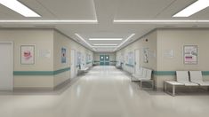 an empty hospital hallway with white chairs and green trimmings on the walls is shown in this image