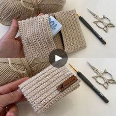 two photos showing the process of making knitted glasses case with scissors and yarn balls