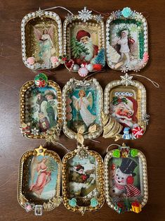 six framed christmas ornament hanging on a wooden table with beaded trim around the edges