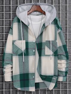 Multicolor Casual Collar manga larga Tela A cuadros Camisa Embellished No-Elástico Outfits Quotes, Casual Plaid Shirt, Drop Shoulder Shirt, Flannel Jacket, Comfy Shirts, Men Shirts, Long Sleeve Flannel, Mens Plaid, Hooded Shirt