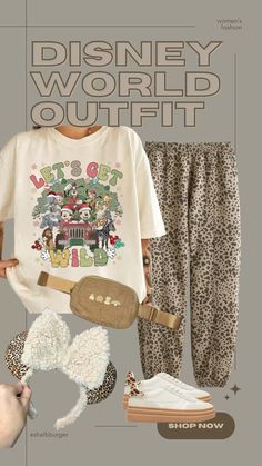 an advertisement for the disney world outlet featuring pajamas, shoes and other items including a t - shirt