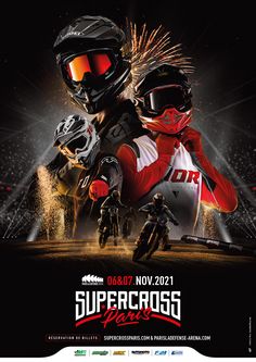 an advertisement for the supercross race featuring two people in helmets and goggles on