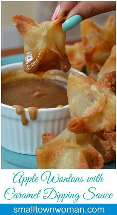 a person dipping some food into a bowl with dip in it and the words apple wontons with caramel dipping sauce