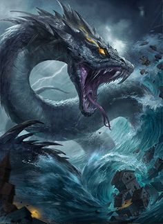 a dragon with its mouth open and it's head in the air above water