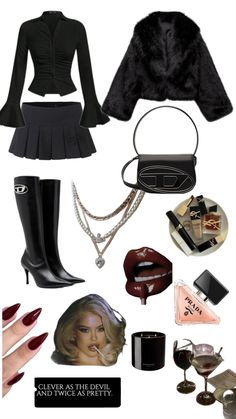 a woman's black outfit and accessories including boots, purses, lipstick, handbag